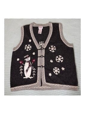 Vintage PBJ Sport Wool Blend Sweater Vest Womens XL Gray Christmas Snowman Snow